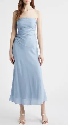 Nia Caricia Strapless Side Ruched Midi Dress in Slate Blue at Nordstrom, Size X-Small