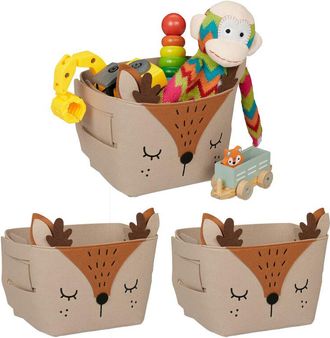 Relaxdays Relaxdays - Storage Basket, Set of 3, Deer Motif, Felt Organiser for Children, HxWxD: 24 x 27 x 18 cm, Toy Box, Brown