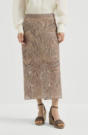 Brunello Cucinelli Linen and cotton dazzling cacao leaves embroidery skirt in Rope at Nordstrom, Size 42 It