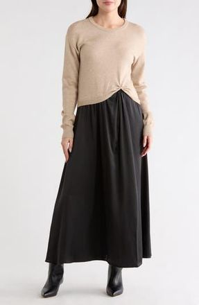 Ellen Tracy Long Sleeve Mixed Media Rib & Satin Maxi Dress in Taupe Mix at Nordstrom Rack, Size X-Large