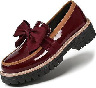 Generic Womens Patent Bowknot Thick Sole Loafers, Elegant Bowknot Slip-On Chunky Heel Shoes, for Business Casual Office Work & Everyday Wear (Red,6.5)