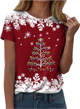 Generic Christmas Tops for Women Christmas Shirts UK Short Sleeve Casual Jumper Merry Santa Snowflake Print Loose Funny Xmas Tree Print Sweatshirt Tunic Tops 