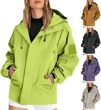 Generic Lightweight Waterproof Jacket Womens Casual Outdoor Rain Coats with Hooded Breathable Zip Up Softshell Jackets Functional Windbreaker Rain Jackets wit