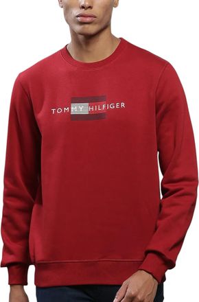 Tommy Hilfiger Mens Fleece Sweatshirt Pullover Crew Neck Embroidered Logo Top - Maroon Cotton - Size Medium