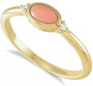 Allurez Oval Natural Cabochon Pink Coral & Diamond Ring 14K Yellow Gold (0.53ct)