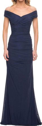 La Femme Long Ruched Jersey Prom Dress In Navy
