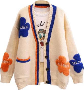 Generic Womens Cute Daisy Floral Embroidery Cable Knit Cardigan Slouchy Button Down Jacquard Sweater (Apricot,S)