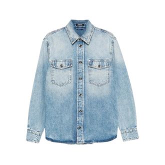 Versace Denim Shirts, male, Blue, Size: XL Embellished Denim Overshirt