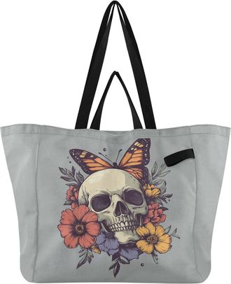 Generic Butterfly Skull Flowers Gray pattern Reusable Canvas Tote Bag, Heavy Duty Grocery Shopping Bag with Hard Bottom Double Handles Large Capacity Work Gro