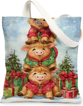 Generic Christmas Animals Canvas Tote Bags, Cute Animal Pattern Reusable Grocery Bags, Winter Vintage Lightweight Washable Shoulder, Multicolor, 13x15 Inch