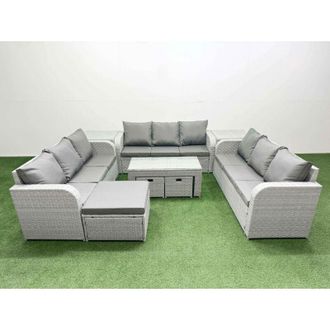 Fimous Pe Rattan Lounge Sofa Set 12 Seater Outdoor Garden Furniture Set with Oblong Coffee Table 3 Seater Sofa 3 Stools 2 Side Table Light Grey - Fimous