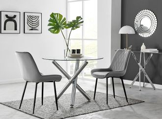 Furniturebox Selina Round Glass Chrome Leg Dining Table & Pesaro Black Leg Chairs in Grey | Size: 4 Person
