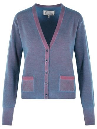 Maison Margiela Virgin Wool Cardigan With Light Blue And Red V-Neck