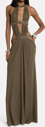 Jaded London Bead Detail Plunge Neck Open Back Maxi Dress in Green at Nordstrom, Size 10