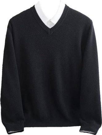 Generic Mens 100 Percent Merino Wool V-Neck Jumper Winter Warm First-Line Sweater Business Mens Basic Knit Top Black XXL