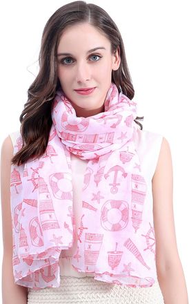 Lina & Lily Nautical Anchor Print Womens Scarf Shawl Wrap Lightweight (White, Coral)