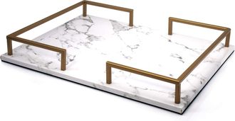 OEM Vassoio Decorativo In Marmo Pu, Contenitore Rettangolare Con Manici Dorati, Vassoio Per Servire E Portare Gioielli, Bianco