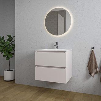 Saniclass Chaci Badkamermeubelset - 60x46x55cm - keramische wastafel wit - 1 wasbak - 1 kraangat - 2 lades - ronde spiegel met verlichting - mat cotton (beige)