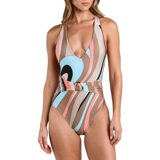 L'agence Lisa Abstract Swirl Plunge One-Piece Swimsuit in Brown Multi at Nordstrom, Size X-Large