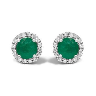 House of Brilliance 10K Gold Gemstone and 1/6 Cttw Diamond Halo Stud Earring in White | Green Emerald at Nordstrom