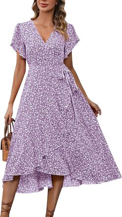 Generic Women Summer Wrap Maxi Dresses Casual Split Flared Sleeve V-Neck Floral Dress Tie Waist Flowy Ruffle Beach Vacation Sundress,Boho Maxi Dresses Short S