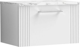 Nuie Deco Wall Hung 1-Drawer Vanity Unit with Carrera Marble Worktop 600mm Wide - Satin White - Nuie
