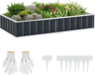 OUTSUNNY Huerto Elevado De 174 X 90 X 30 Cm - Modular, Montaje Sin Herramientas, Guantes Incluidos - Chapa De Acero Corrugado Color Antracita