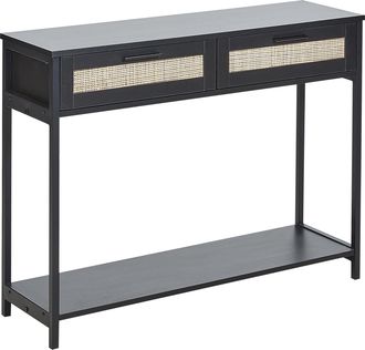 Beliani Consola 2 Cajones Frontal De Rat&aacute;n Mdf Negro Patas De Madera Sala De Estar Dormitorio Pasillo Boho Opoco