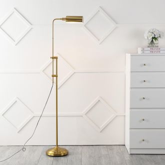 Jonathan Y Designs Zinnia 63 Industrial Minimalist Height-Adjustable Iron Pharmacy LED Floor Lamp, Brass Gold