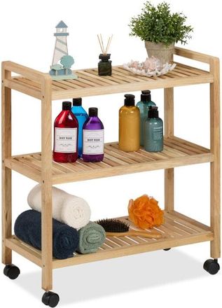 Relaxdays Relaxdays Bathroom Storage Shelf, Wood, HxWxD: 72 x 65 x 31 cm, Rack on Wheels, 3 Tiers, for Bathroom & Kitchen, Natural