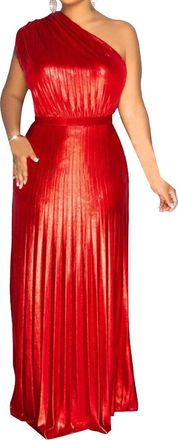 Generic Gold Gown Womens Elegant One Shoulder Long Pleated Evening Dress Formal Sleeveless Dresses Red XX-Large