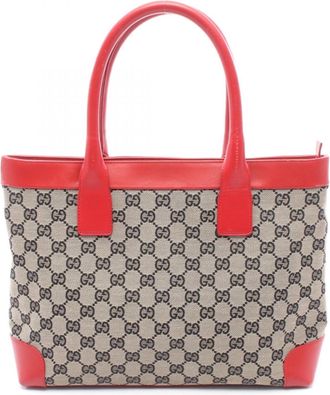 Gucci Beige Black Red Color Canvas Leather Handbag Tote Bag (Pre-Owned)