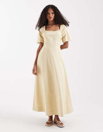 Asos Vestito midi in rasatello di cotone color pietra con scollo squadrato e spalline sul retro-Neutro