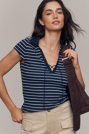 Maeve Short-Sleeve Collared Lace-Up Top