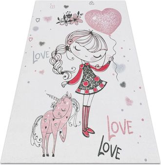 RugsX Alfombra Lavable Bambino 2644 Ni&ntilde;a, Unicornio Para Ni&ntilde;os Antideslizante - Blanco / Rosado Pink 200x290 Cm