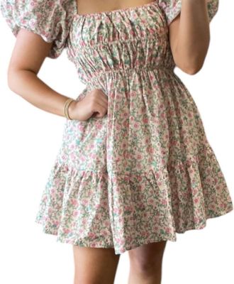 Olivaceous Multi Floral Bubble Sleeve Dress In Cream/pink