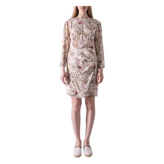 Max Mara Kleedjes, Dames, Beige, L, Bloemen Midi Jurk met Open Rug