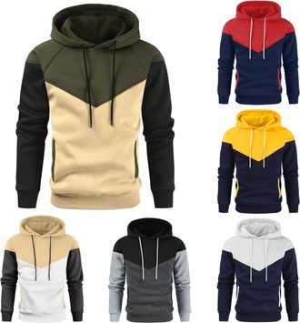 Generic Patchwork Colour Block Hoodie for Men - Casual Slim Fit Fleece Sweatshirt with Collar Drawstring Kangaroo Pocket Lightweight Regular Fit Hoodie Jumper