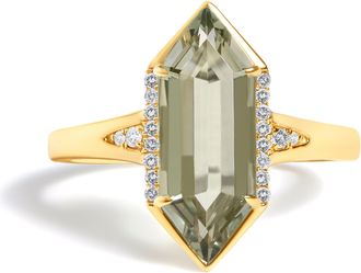 House of Brilliance 10K Yellow Gold Green Amethyst Hexagon Shaped and Diamond Accent Ring