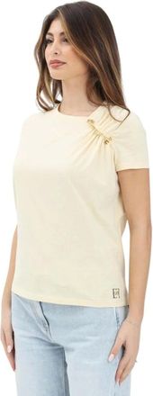 Elisabetta Franchi Tops, Dames, Beige, S, Katoen, Jersey T-shirt met juwelenbroche
