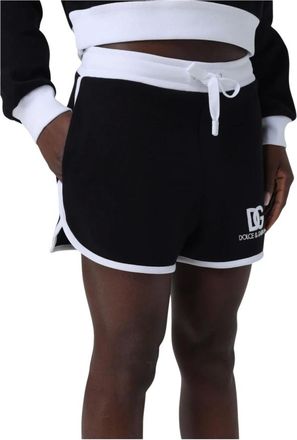 Dolce & Gabbana Korte Broeken, Dames, Zwart, S, Katoen, Geborduurde Gebreide Shorts met Trekkoord Taille