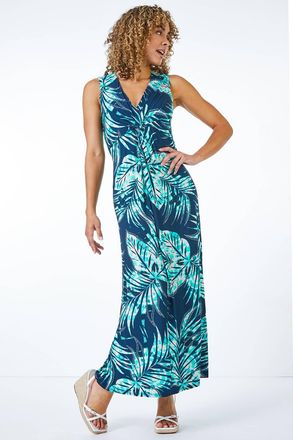 Roman Palm Print Twist Front Maxi Dress
