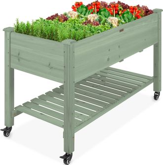 Best Choice Products Raised Garden Bed 48x23x32in Wood Mobile Elevated Planter w/ Wheel Locks, Shelf, Liner