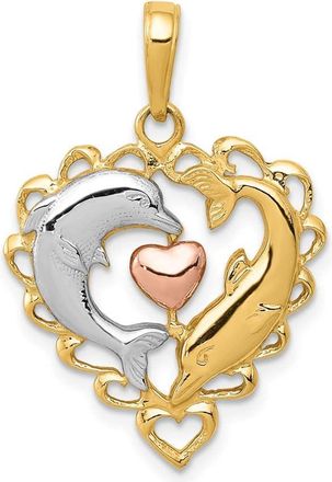 Diamond2Deal 14k Two-tone Gold White Rhodium Dolphins In Heart Pendant