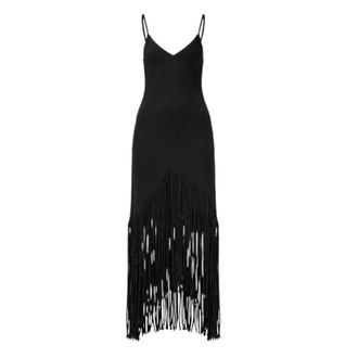 Pinko Fringed V-neck Maxi Jurk - Dames - Feestkleedjes - Zwart - M - Kleedjes