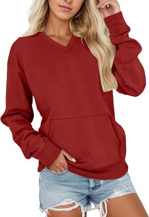 Generic Womens V-Neck Sweatshirt with Kangaroo Pocket Long Sleeve Oversized Pullover Solid Color Fall Winter Tops Drawstring Button Womens For Everyday Wear O