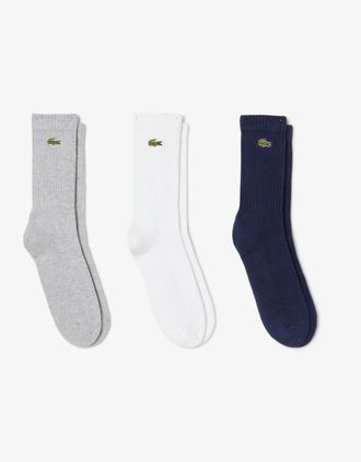Lacoste Mens Lacoste 3 Pack Sport Mens High Cut Socks - Silver Chine/White-Navy Blue TYA - White/Navy - Size: 9/9.5/10/10.5/11