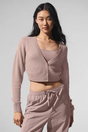 Alo | Sheer Cashmere Cropped Cardigan Top in Taupe Beige, Size: Medium