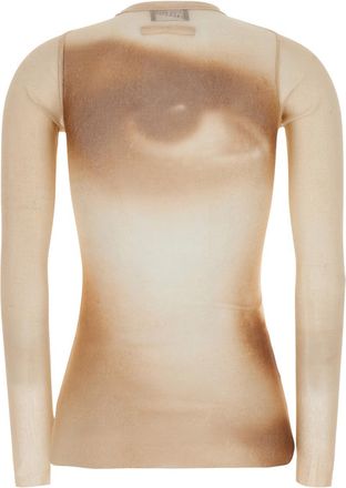 Jean Paul Gaultier Womens Long-Sleeved T-Shirt With Face Print Beige Tech Fabric Top