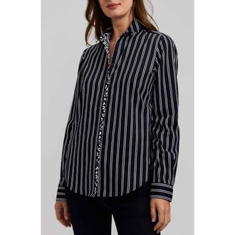 Foxcroft Charlie Stripe Animal Print Trim Cotton Button-Up Shirt in Black/white at Nordstrom, Size 10